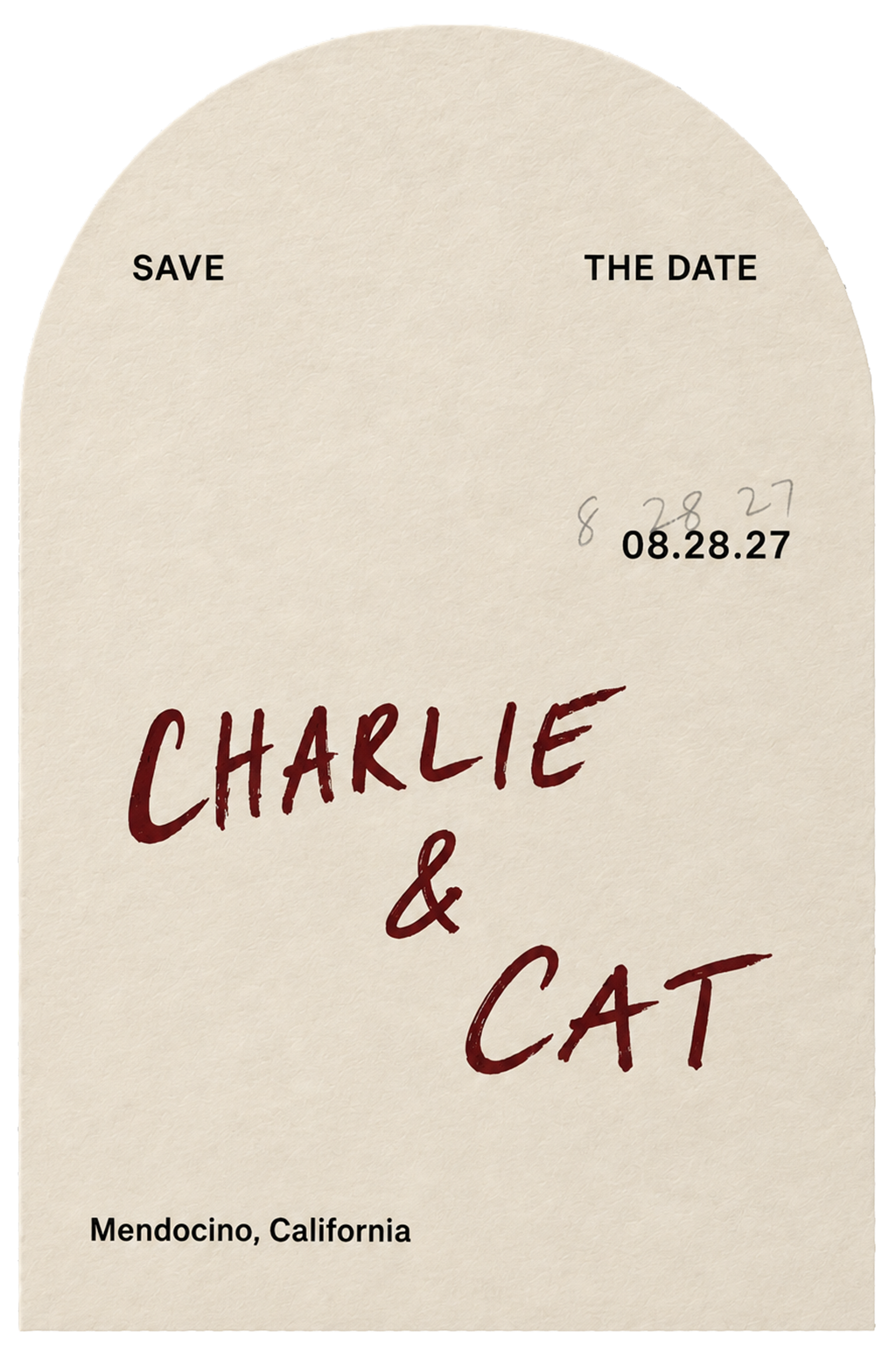 Save the date. Charlie & Cat. August 28, 2027. Mendocino, California.